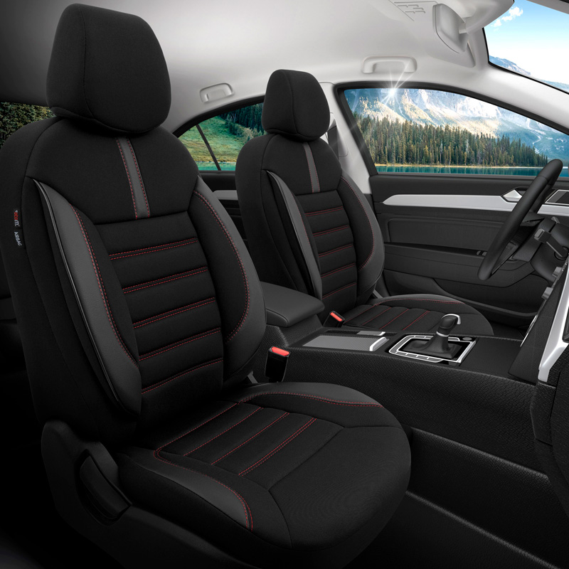 Universal Fabric/Leather Seat cover set 'Limited' Black + Red stitching - 11-pieces -  Side-Airbags