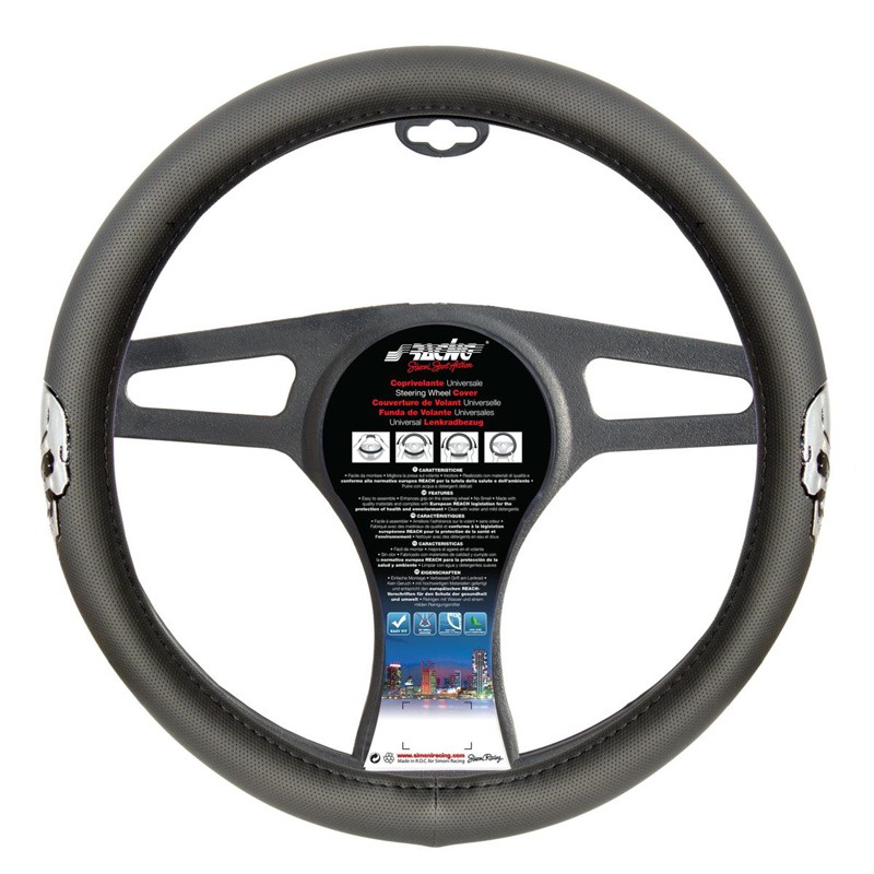 Simoni Racing Steering Wheel Cover Silver Skulls - Black Ecoleather/Silver - 37-39cm