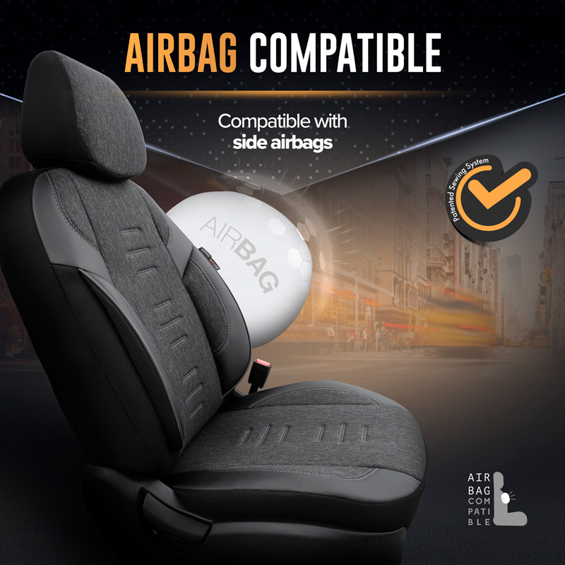 Universal Linen/Leather/Fabric Seat cover set 'Throne' Black/Grey - 11-pieces -  Side-Airbags
