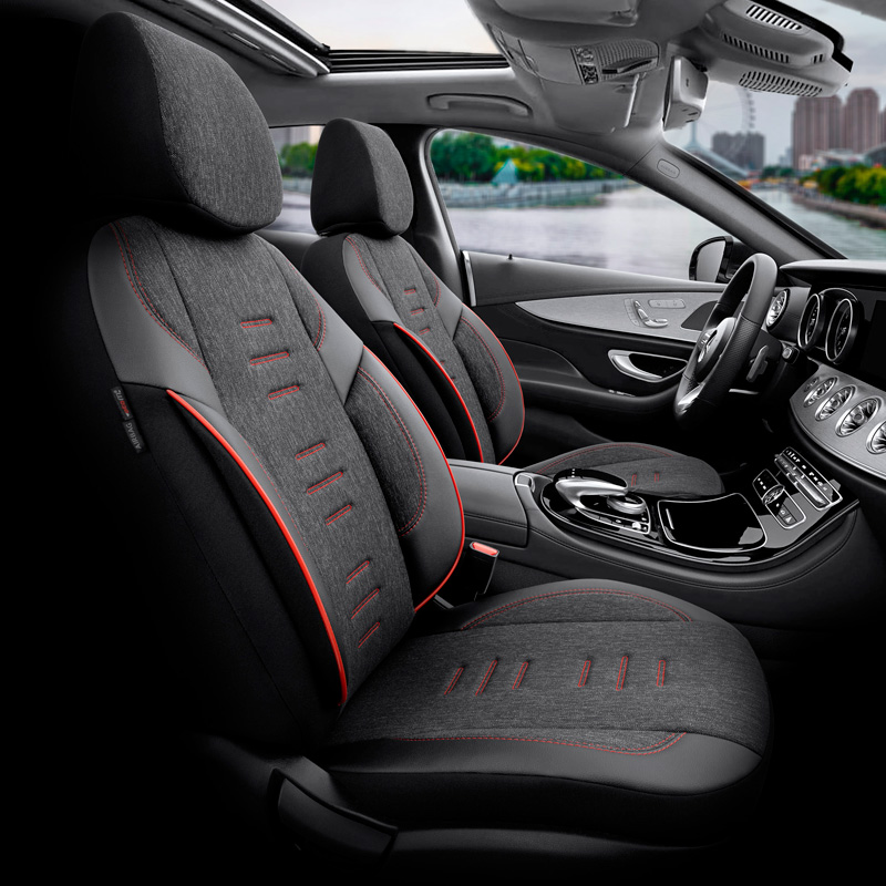 Universal Linen/Leather/Fabric Seat cover set 'Throne' Black/Grey/Red - 11-pieces -  Side-Airbags