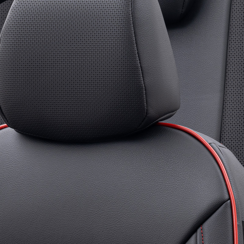 Universal Full-Leather Seat cover set 'Premium' Black + Red trim - 11-pieces -  Side-Airbags