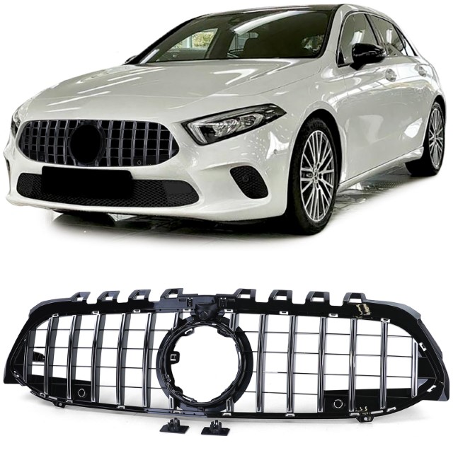Grill passend voor Mercedes A klasse W177 / V177 GT-Look Glans Zwart chroom Camera