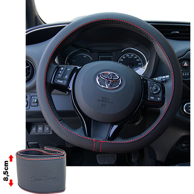 Simoni Racing Steering Wheel Cover Soft Skin - Black Ecoleather + Red Stitching - 37-39cm