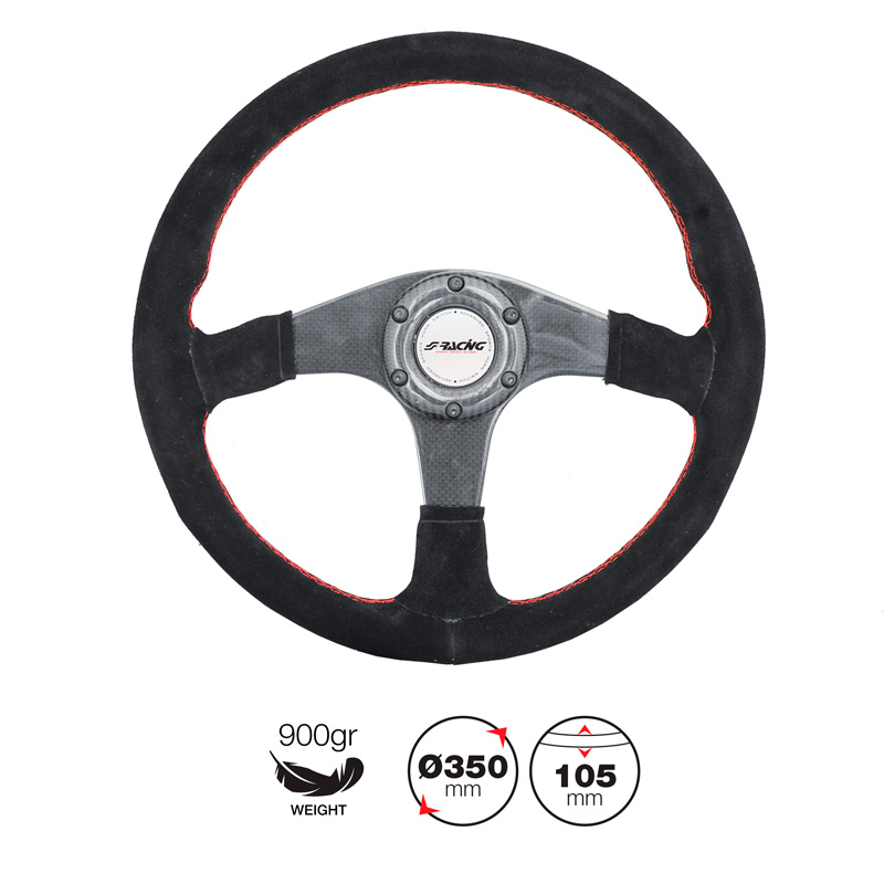 Simoni Racing Universal Steering Wheel Walter - Carbon - Black Suede + Red Stitching - Diameter 350mm