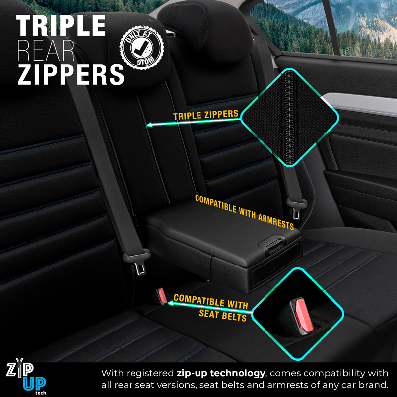 Universal Fabric/Leather Seat cover set 'Limited' Black + Blue stitching - 11-pieces -  Side-Airbags