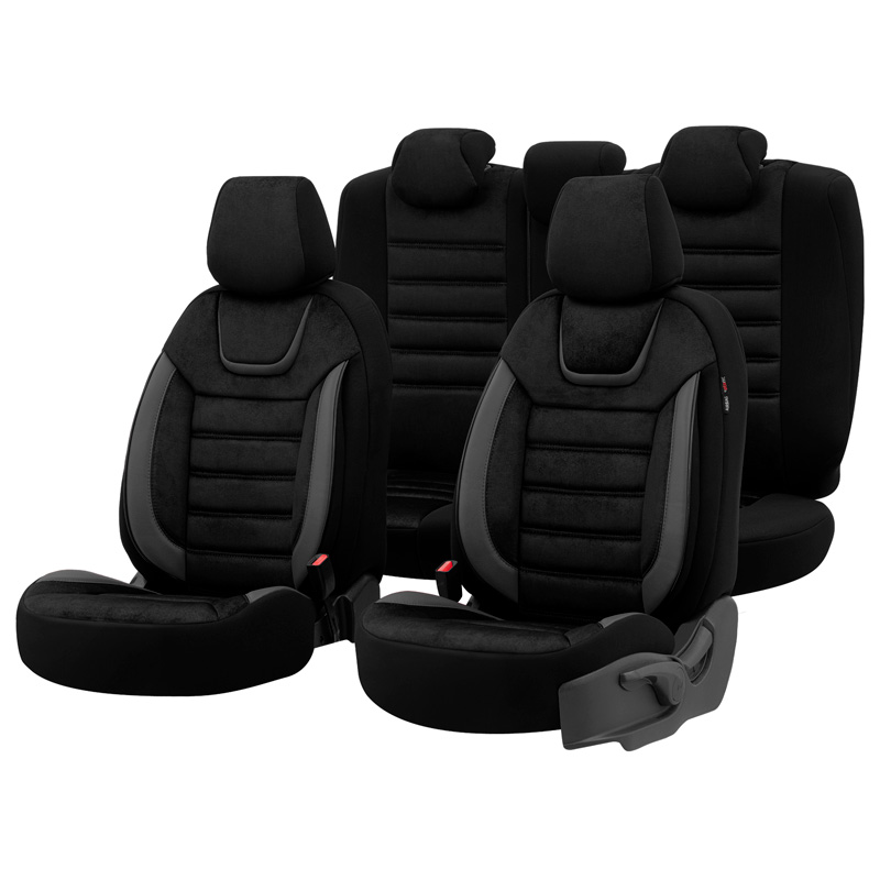 Universal Suede/Leather/Fabric Seat cover set 'Iconic' Black/Grey - 11-pieces -  Side-Airbags