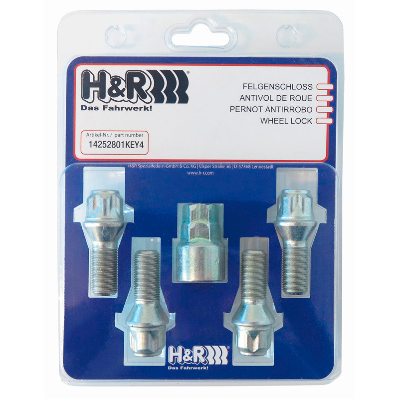 H&R Wheel lock set M12x1.25x36mm Flat-Head - 4 wheel lock bolts incl. adapter