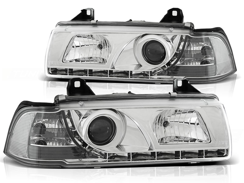 Headlights BMW E36 Sedan DRL look Devil Eyes chrome