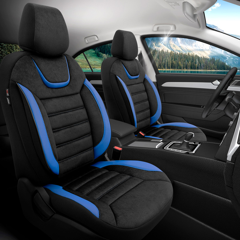 Universal Suede/Leather/Fabric Seat cover set 'Iconic' Black/Blue - 11-pieces -  Side-Airbags