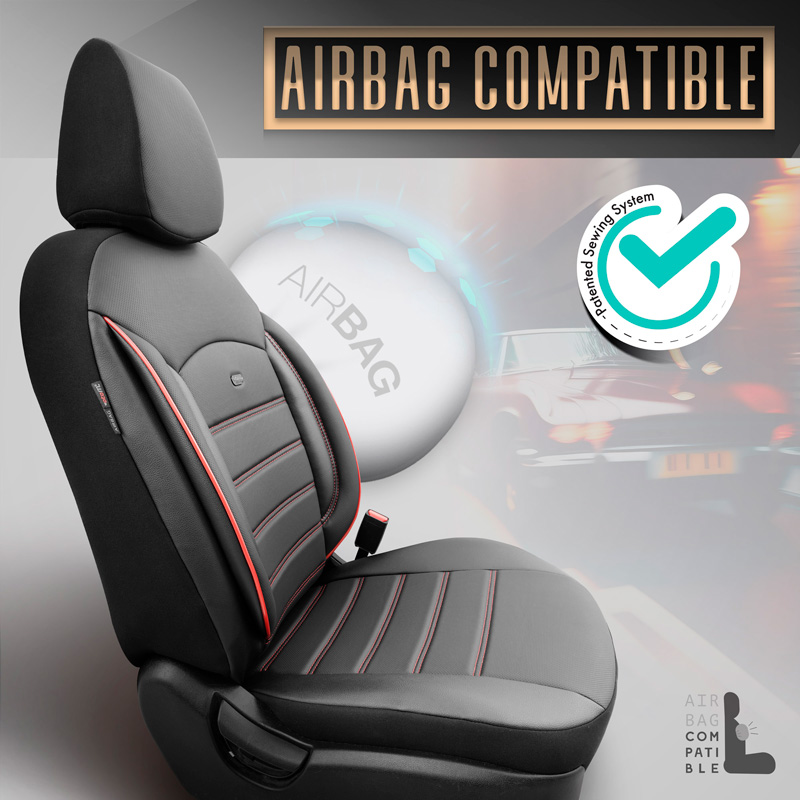 Universal Full-Leather Seat cover set 'Inspire' Black + Red trim - 11-pieces -  Side-Airbags