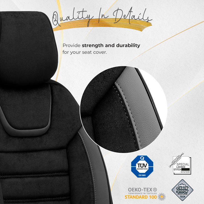 Universal Suede/Leather/Fabric Seat cover set 'Iconic' Black/Grey - 11-pieces -  Side-Airbags