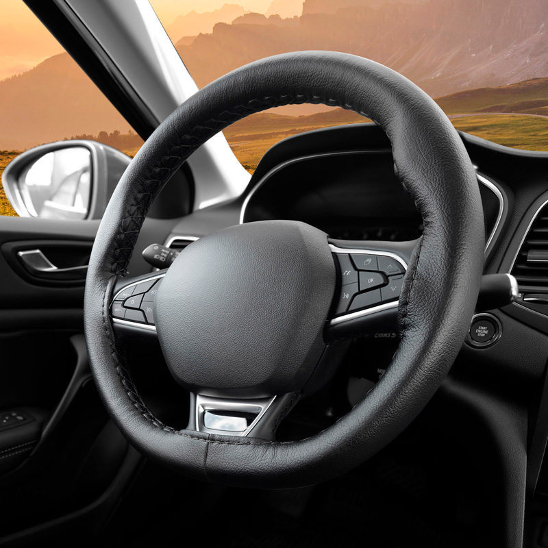 Universal steering wheel cover Classic - Black PVC leather + Black stitch (lace)