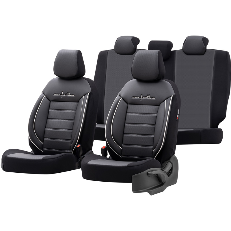Universal Leather/Fabric Seat cover set 'Comfortline' Black/Grey + White trim - 11-pieces -  Side-Airbags