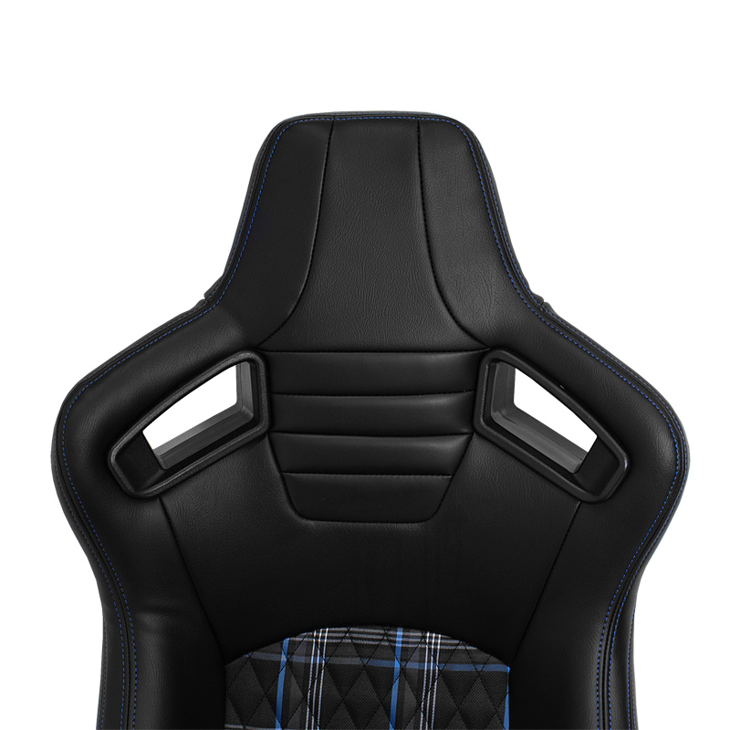 Sport seat 'GT' - Black Synthetic leather + Fabric in Blue checkered pattern + Blue stitching - Dual-side reclinable back-rest - incl. slides