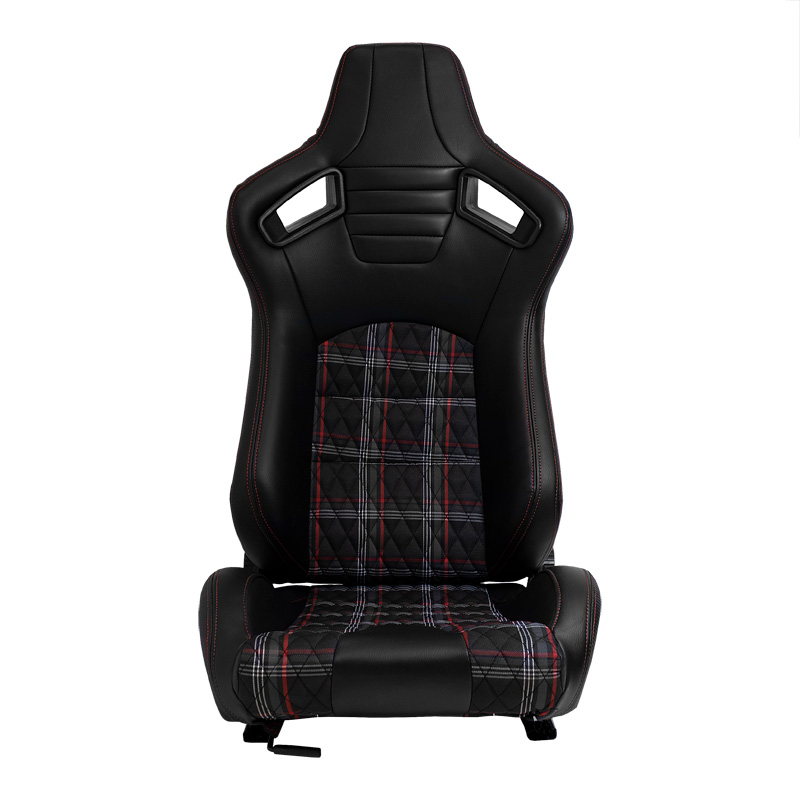Sport seat 'GT' - Black Synthetic leather + Fabric in Red checkered pattern + Red stitching - Dual-side reclinable back-rest - incl. slides