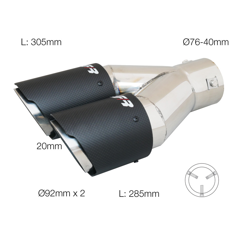 Simoni Racing Exhaust Tip Double Round/Slanted (Right) Matt-Carbon+Inox - Ø92xL305mm - Installation 40-76mm