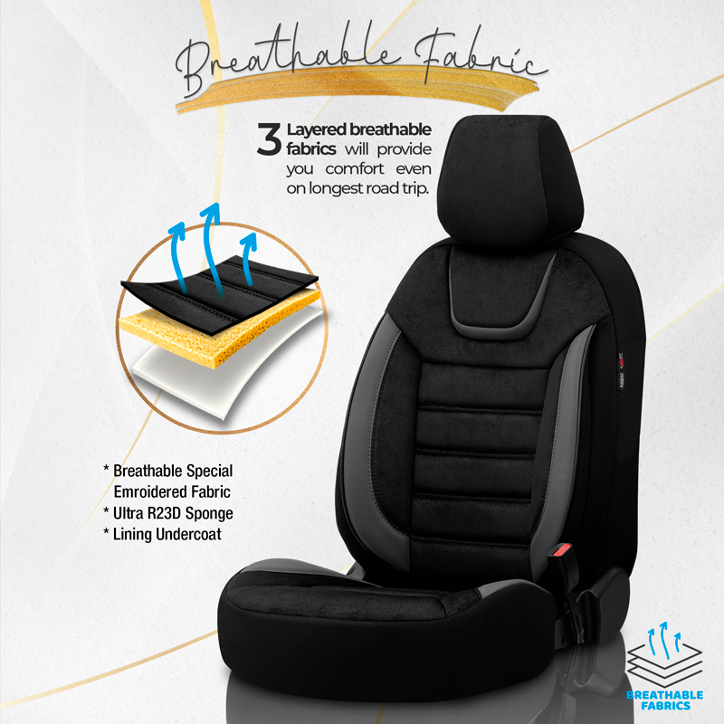 Universal Suede/Leather/Fabric Seat cover set 'Iconic' Black/Grey - 11-pieces -  Side-Airbags