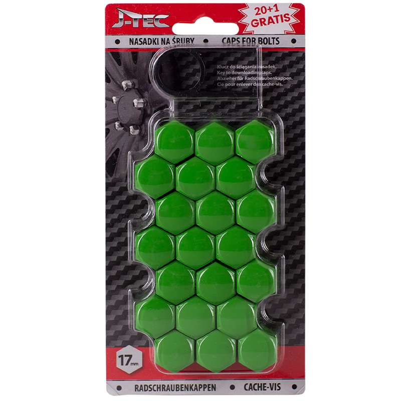 Set universal wheel nut/bolt covers - Green Synthetic Material - 17mm - set of 20+1 pieces