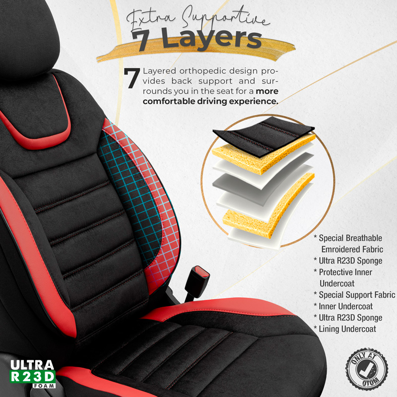Universal Suede/Leather/Fabric Seat cover set 'Iconic' Black/Red - 11-pieces -  Side-Airbags