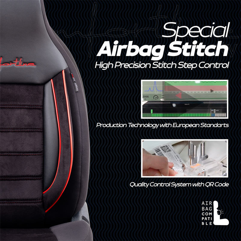 Universal Velours/Fabric 'CityBug' Seat cover set 'Comfortline' Black/Red - 9-pieces -  Side-Airbags