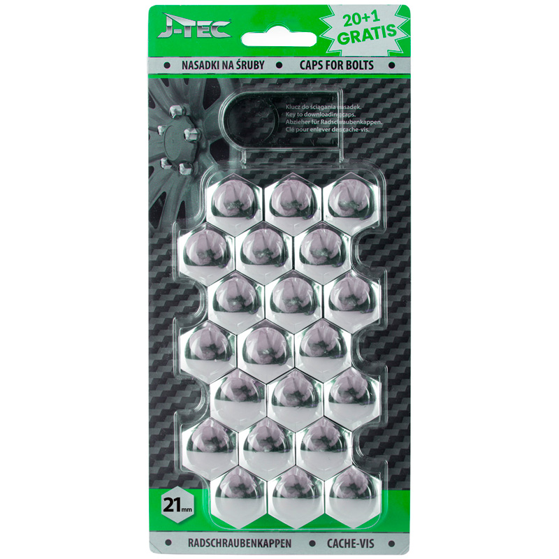 Set universal wheel nut/bolt covers - Chrome Synthetic Material - 21mm - set of 20+1 pieces