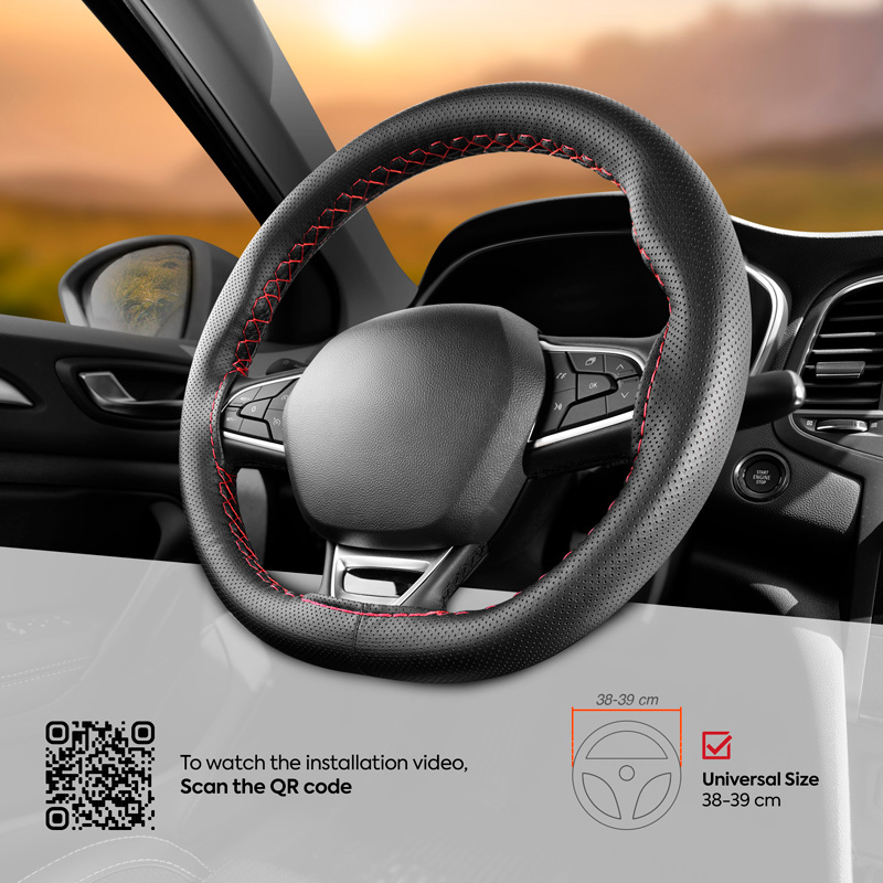Universal steering wheel cover Classic - Black punched PVC leather + Red stitch (lace)