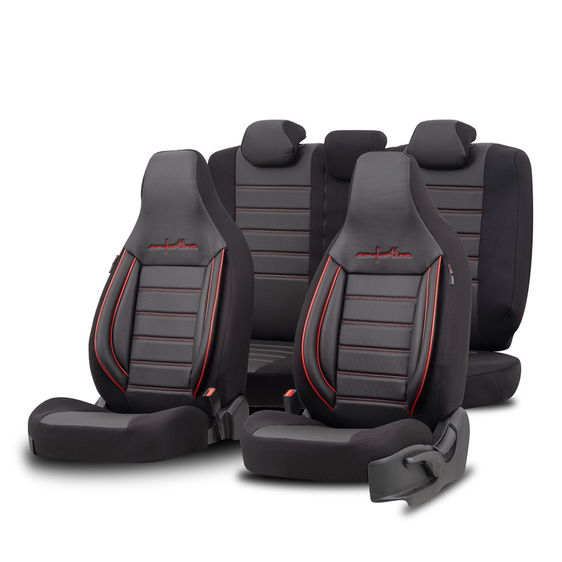 Universal Leather/Fabric 'CityBug' Seat cover set 'Comfortline' Black/Red - 9-pieces -  Side-Airbags