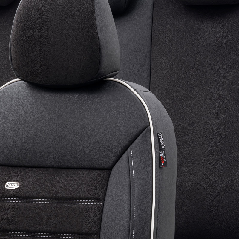 Universal Leather/Velours Seat cover set 'Premium' Black + White trim - 11-pieces -  Side-Airbags