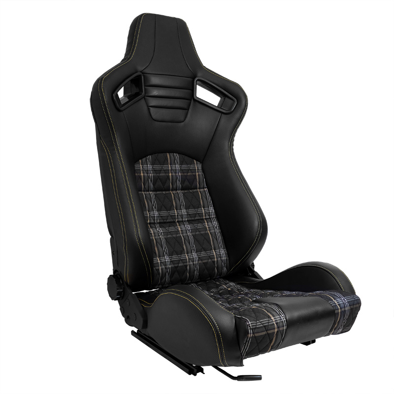 Sport seat 'GT' - Black Synthetic leather + Fabric in Yellow checkered pattern + Yellow stitching - Dual-side reclinable back-rest - incl. slides