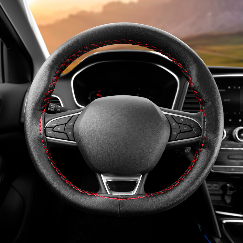 Universal steering wheel cover Classic - Black PVC leather + Red stitch (lace)