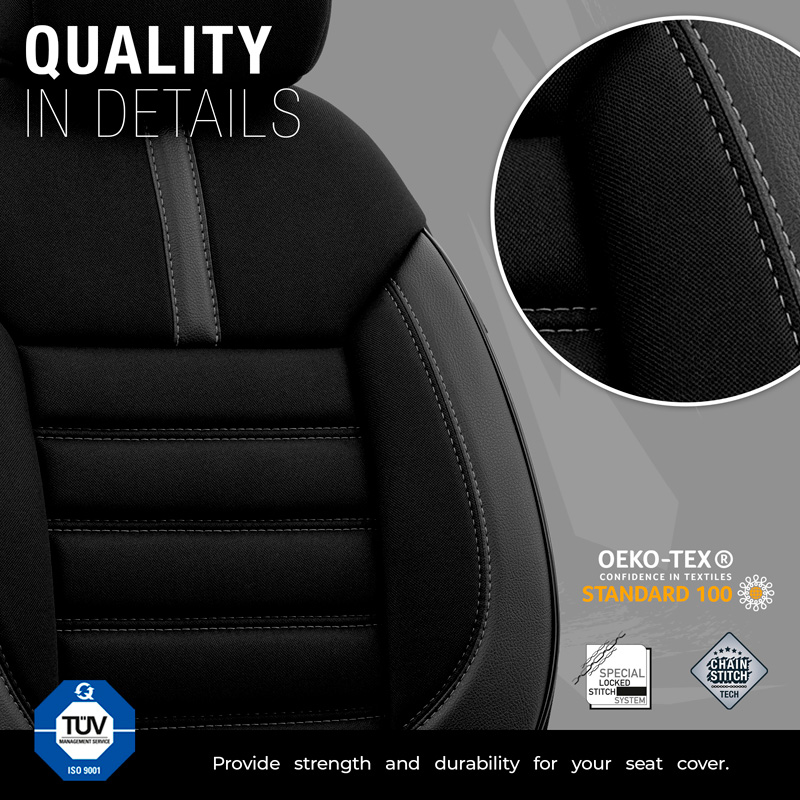 Universal Fabric/Leather Seat cover set 'Limited' Black + Grey stitching - 11-pieces -  Side-Airbags
