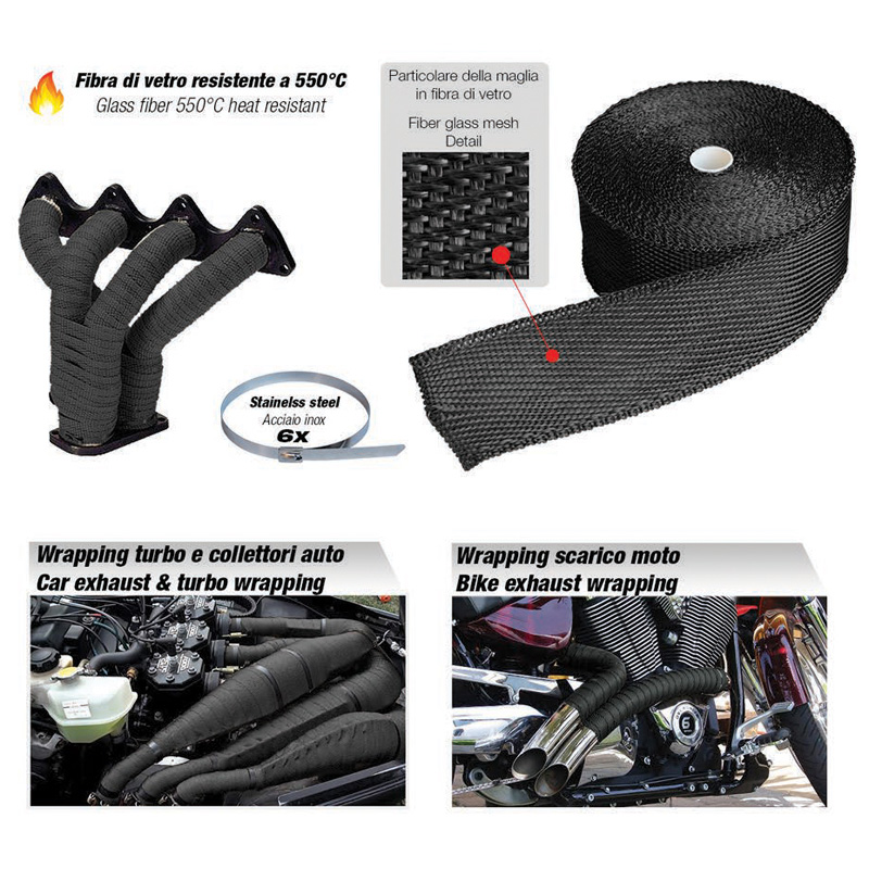 Simoni Racing Exhaust Heat-Insulating Wrapping Kit 2 - 15m x 5cm + 6 clamps < 550°C - Glass Fibre