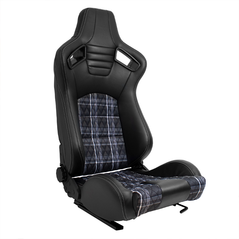Sport seat 'GT' - Black Synthetic leather + Fabric in Grey checkered pattern + Grey stitching - Dual-side reclinable back-rest - incl. slides