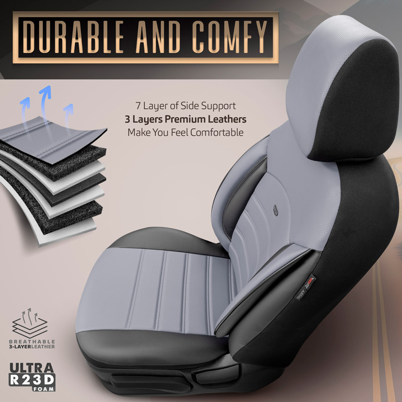 Universal Full-Leather Seat cover set 'Inspire' Black/Grey - 11-pieces -  Side-Airbags
