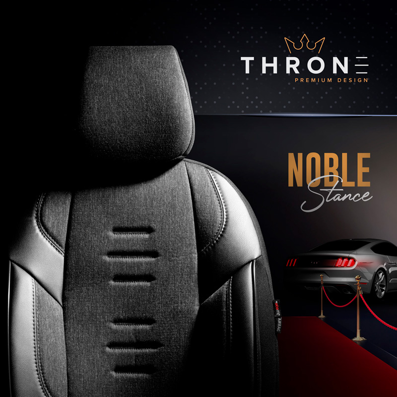 Universal Linen/Leather/Fabric Seat cover set 'Throne' Black/Grey - 11-pieces -  Side-Airbags
