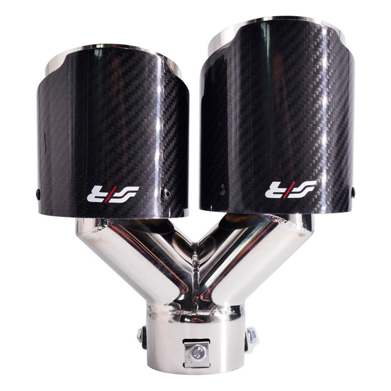 Simoni Racing Exhaust Tip Double Right Round/Slanting Inox & Carbon - Ø102xL215-230mm - Installation ->40-63mm