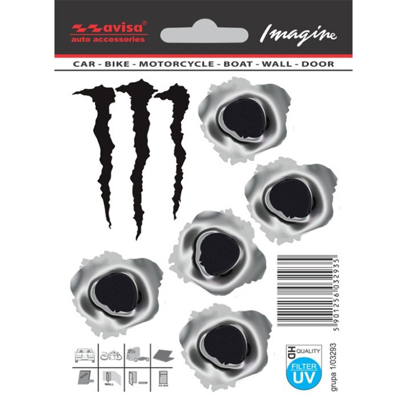 Sticker 5 Bullet Holes 3,5x3x5 cm + Monster 4,5x6.5cm - black/metal