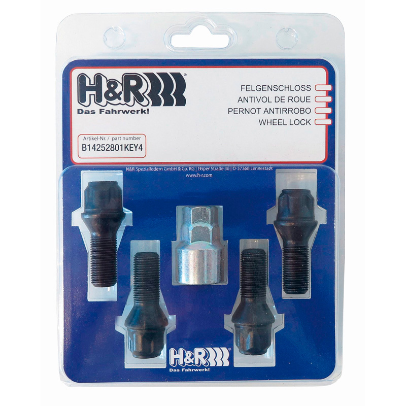 H&R Wheel lock set M14x1.50x28mm Taper Black - 4 wheel lock bolts incl. adapter