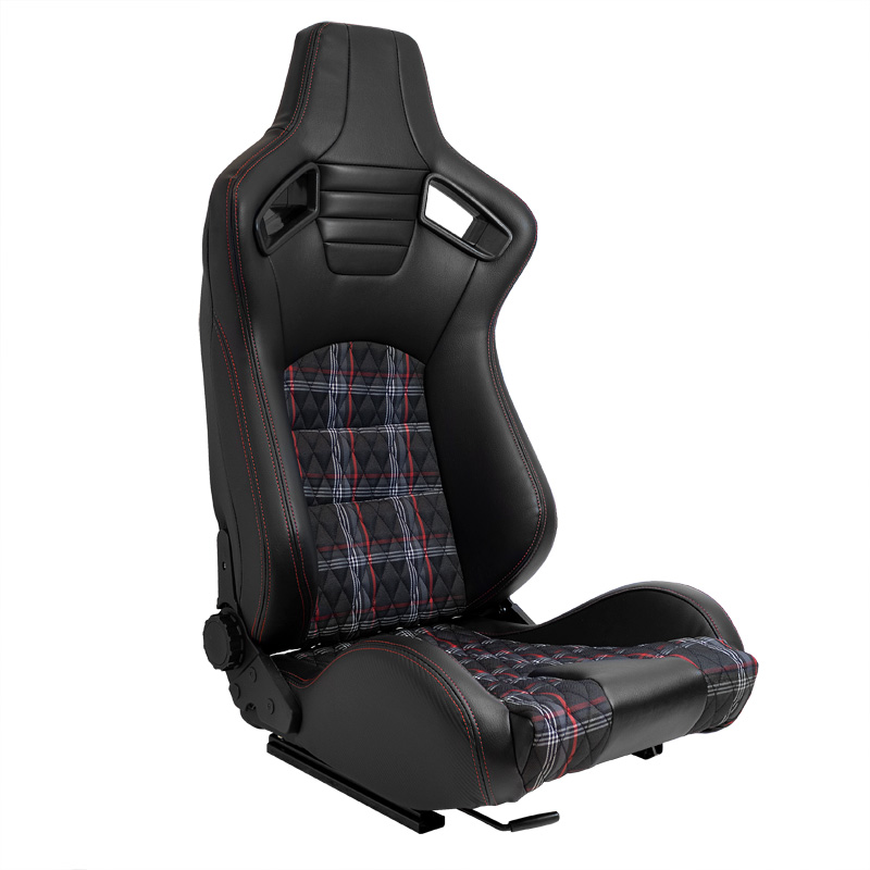Sport seat 'GT' - Black Synthetic leather + Fabric in Red checkered pattern + Red stitching - Dual-side reclinable back-rest - incl. slides