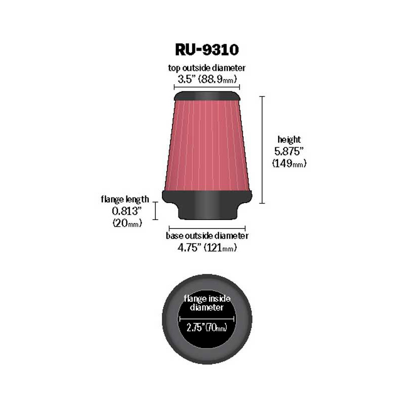 K&N Universal Conical Air Filter 70mm flange, 121mm base, 89mm top, 149mm height (RU-9310)