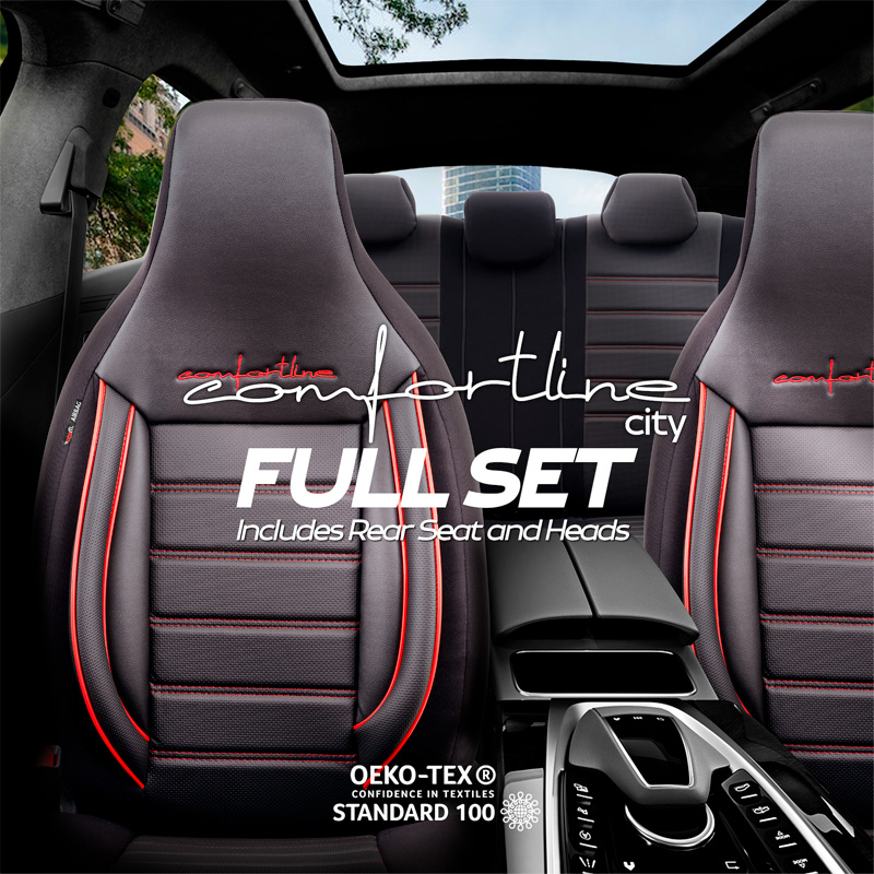 Universal Leather/Fabric 'CityBug' Seat cover set 'Comfortline' Black/Red - 9-pieces -  Side-Airbags