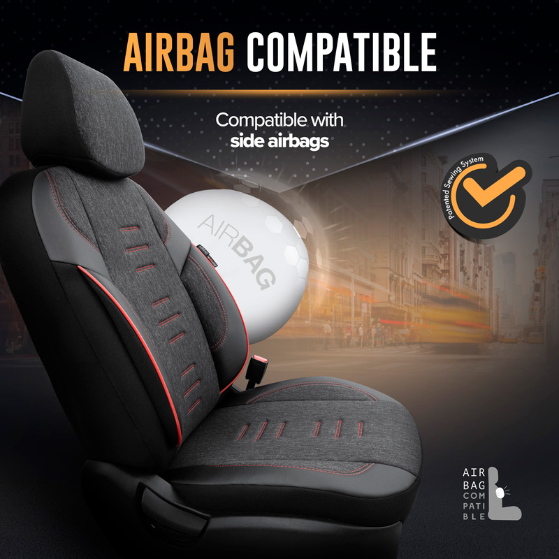 Universal Linen/Leather/Fabric Seat cover set 'Throne' Black/Grey/Red - 11-pieces -  Side-Airbags