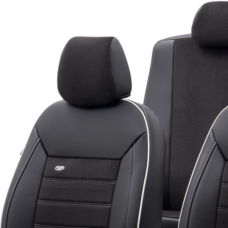 Universal Leather/Velours Seat cover set 'Premium' Black + White trim - 11-pieces -  Side-Airbags