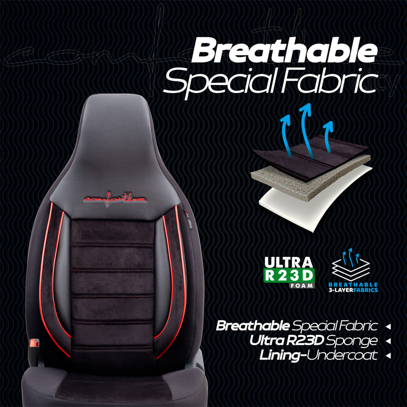 Universal Velours/Fabric 'CityBug' Seat cover set 'Comfortline' Black/Red - 9-pieces -  Side-Airbags