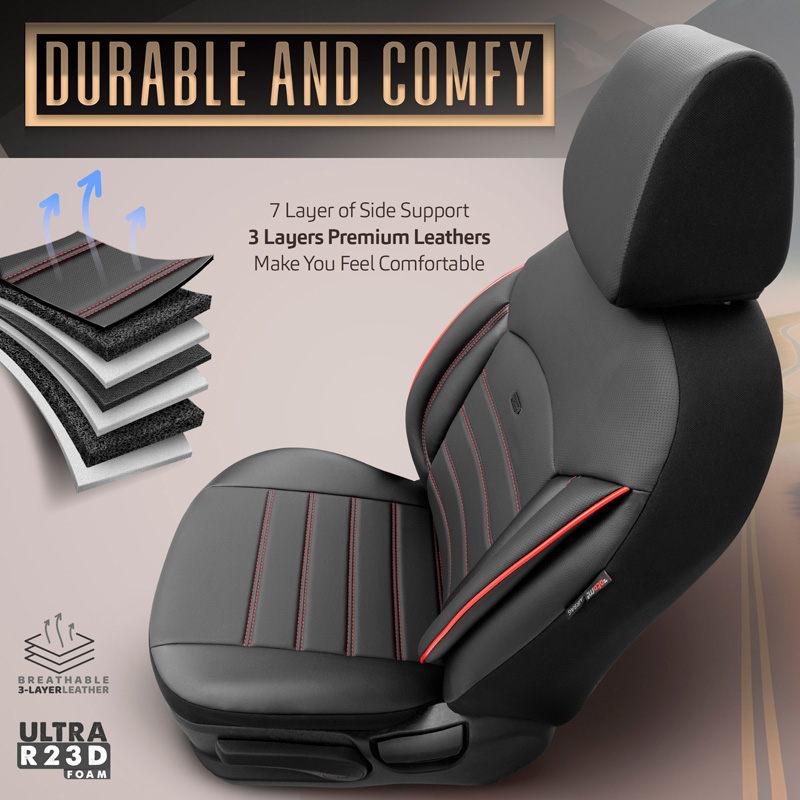 Universal Full-Leather Seat cover set 'Inspire' Black + Red trim - 11-pieces -  Side-Airbags