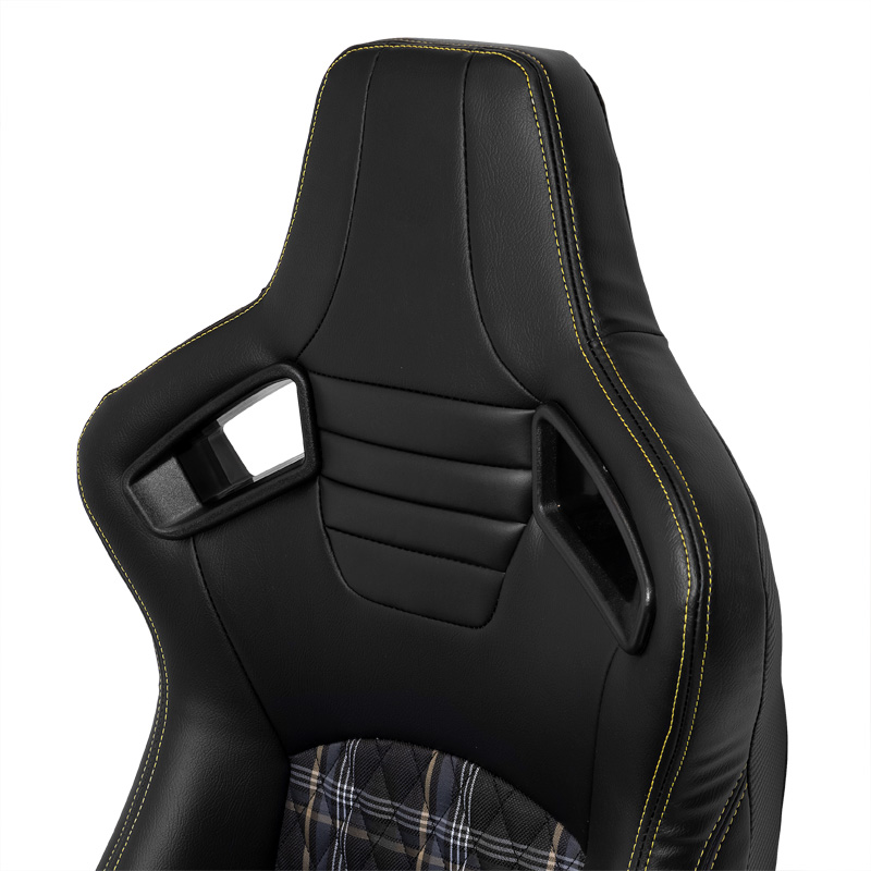 Sport seat 'GT' - Black Synthetic leather + Fabric in Yellow checkered pattern + Yellow stitching - Dual-side reclinable back-rest - incl. slides