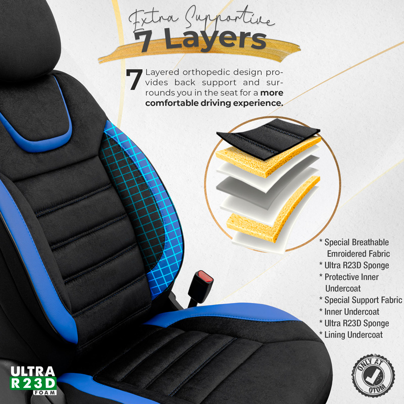 Universal Suede/Leather/Fabric Seat cover set 'Iconic' Black/Blue - 11-pieces -  Side-Airbags