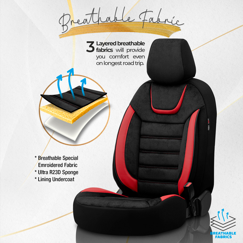 Universal Suede/Leather/Fabric Seat cover set 'Iconic' Black/Red - 11-pieces -  Side-Airbags