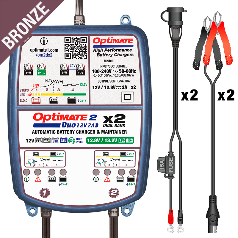 OptiMate 2 DUO x 2 BANK - 12V / 12,8V 2-Amp Battery Saving charger-tester-maintainer