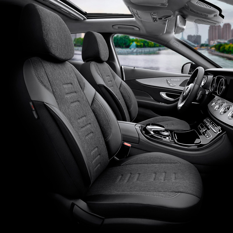 Universal Linen/Leather/Fabric Seat cover set 'Throne' Black/Grey - 11-pieces -  Side-Airbags